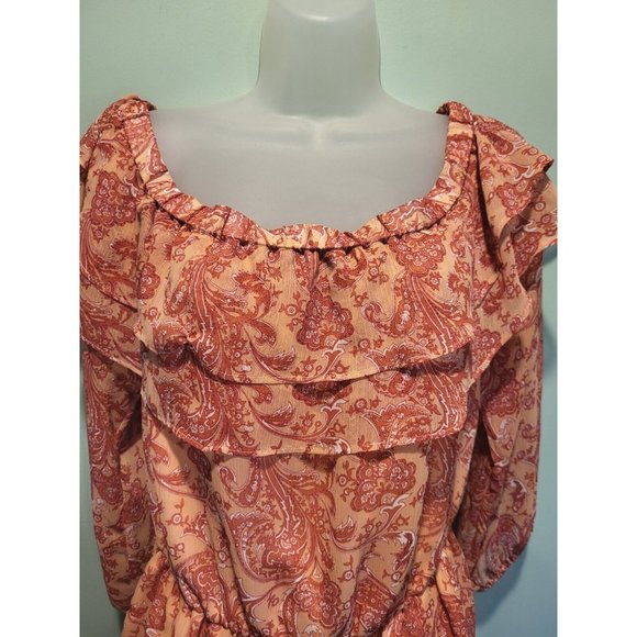 Express Chiffon Long Sleeve Romper Peach Paisley Lined Sz M - Picture 2 of 8